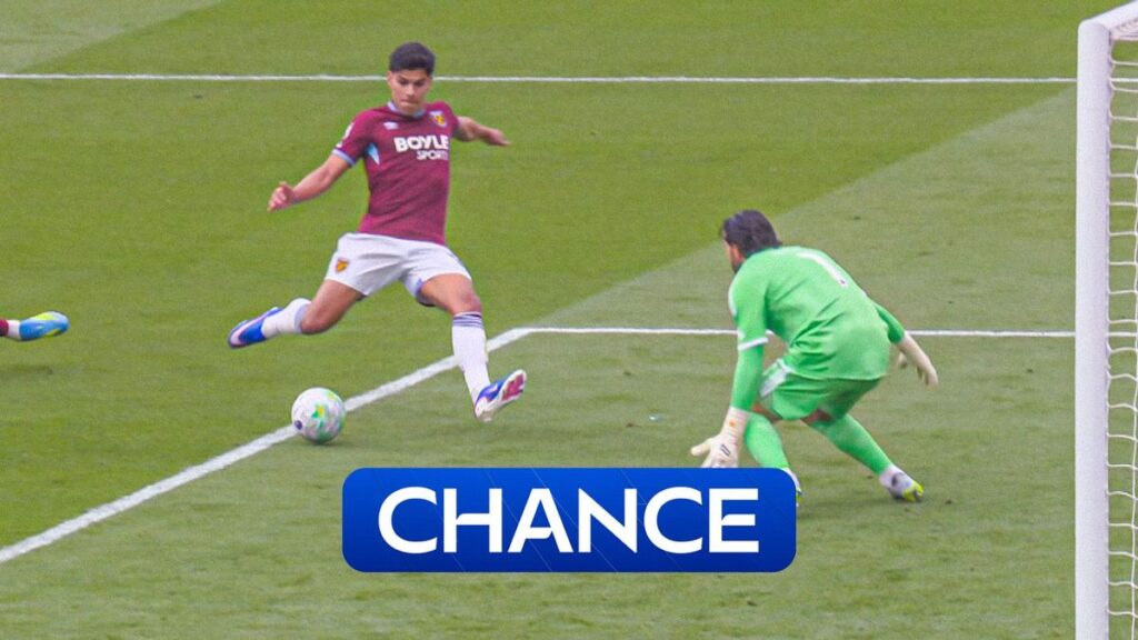 Arsenal goalkeeper David Raya making a crucial one-on-one save