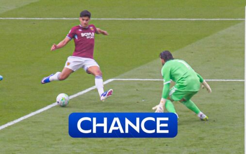 Arsenal goalkeeper David Raya making a crucial one-on-one save