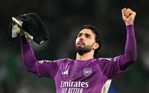 Arsenal goalkeeper David Raya pointing and shouting instructions during a Premier League match