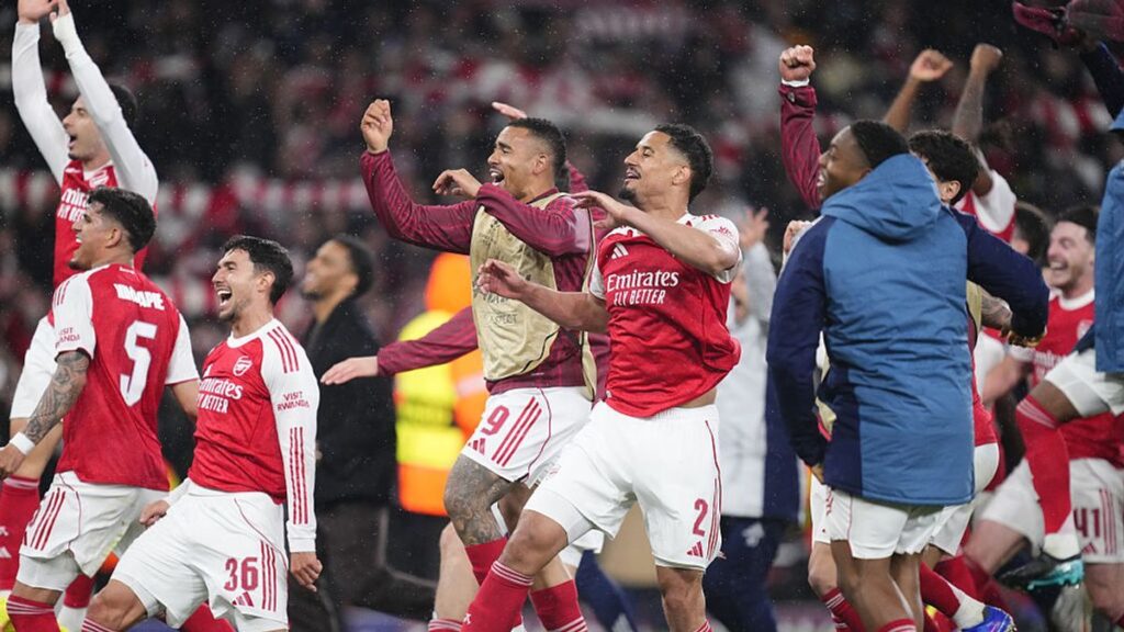 Martin Zubimendi celebrating in an Arsenal shirt during a Premier League match