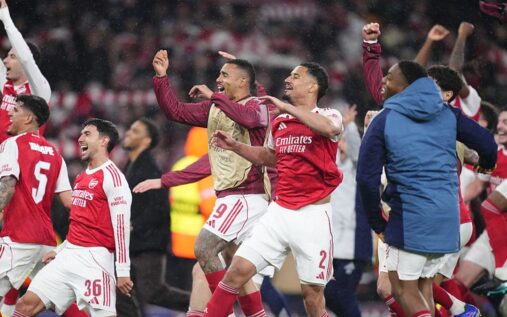 Martin Zubimendi celebrating in an Arsenal shirt during a Premier League match