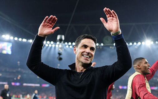 Mikel Arteta celebrating on the touchline during an Arsenal match