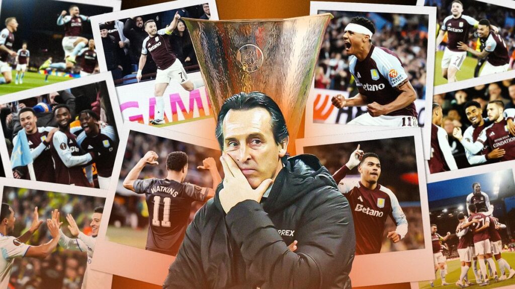 Aston Villa manager Unai Emery directing his players from the touchline during a European match