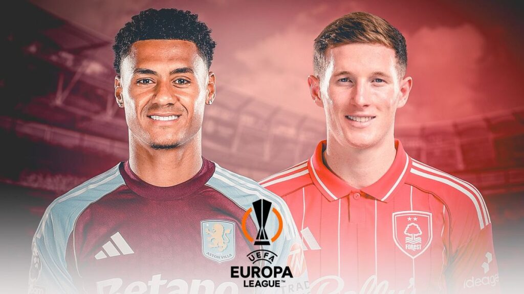 Aston Villa and Nottingham Forest players competing fiercely for the ball during a Europa League match