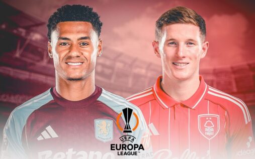Aston Villa and Nottingham Forest players competing fiercely for the ball during a Europa League match
