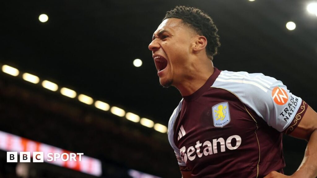 Aston Villa forward Ollie Watkins celebrating a Premier League goal