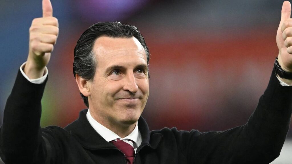 Aston Villa manager Unai Emery standing on the touchline during a Premier League match