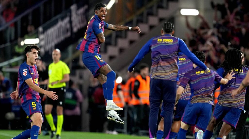 Marcus Rashford celebrating a goal for Barcelona in a La Liga match