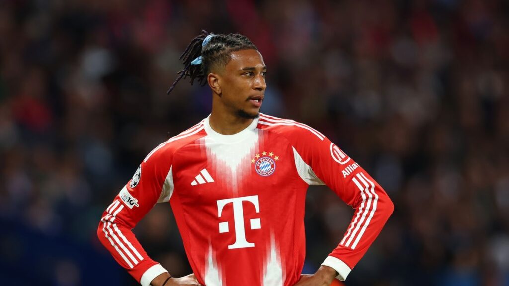 Michael Olise celebrating a goal for Bayern Munich in the Champions League