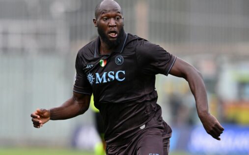 Romelu Lukaku wearing the Belgium national team kit looking focused on the pitch