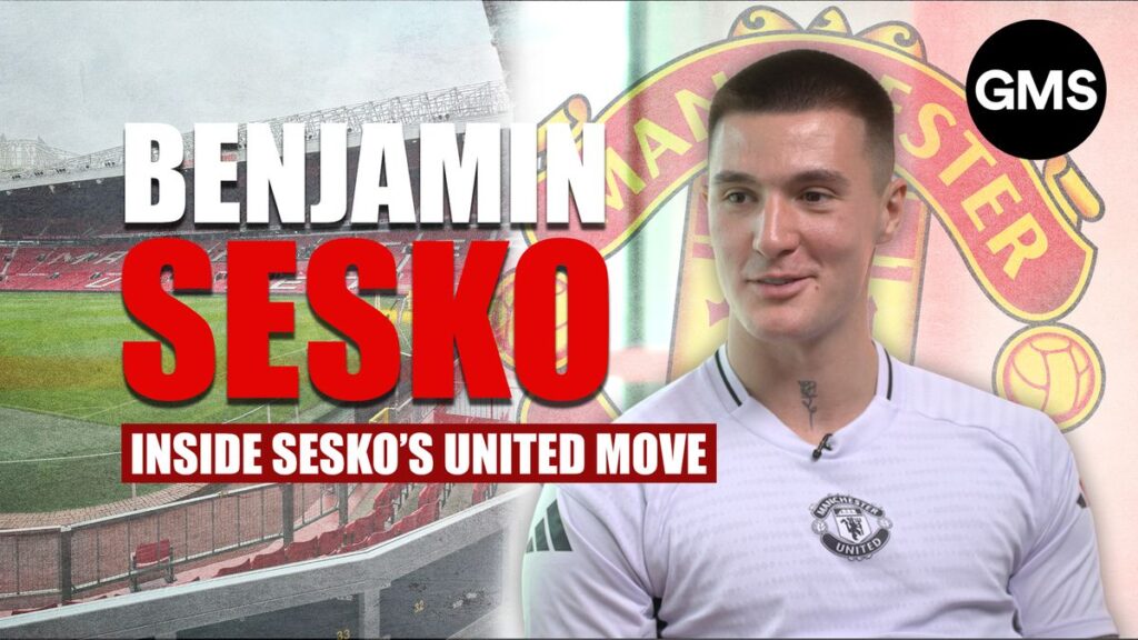 Benjamin Sesko wearing a Manchester United training kit during an interview at Carrington