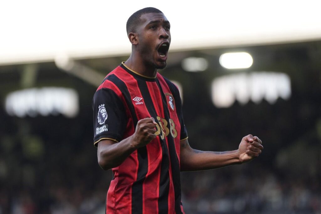 Bournemouth players celebrating their 1-0 victory against Fulham at Craven Cottage