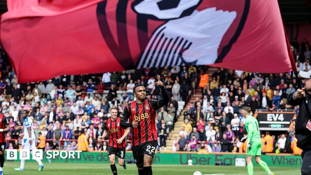 Bournemouth football players celebrating a Premier League victory on the pitch