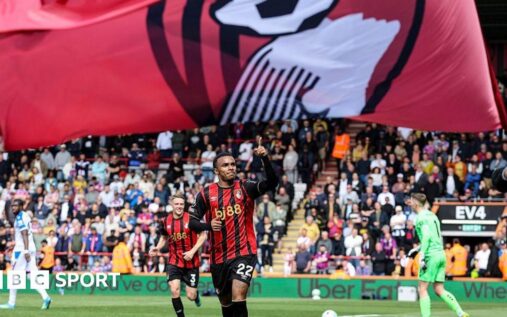 Bournemouth football players celebrating a Premier League victory on the pitch
