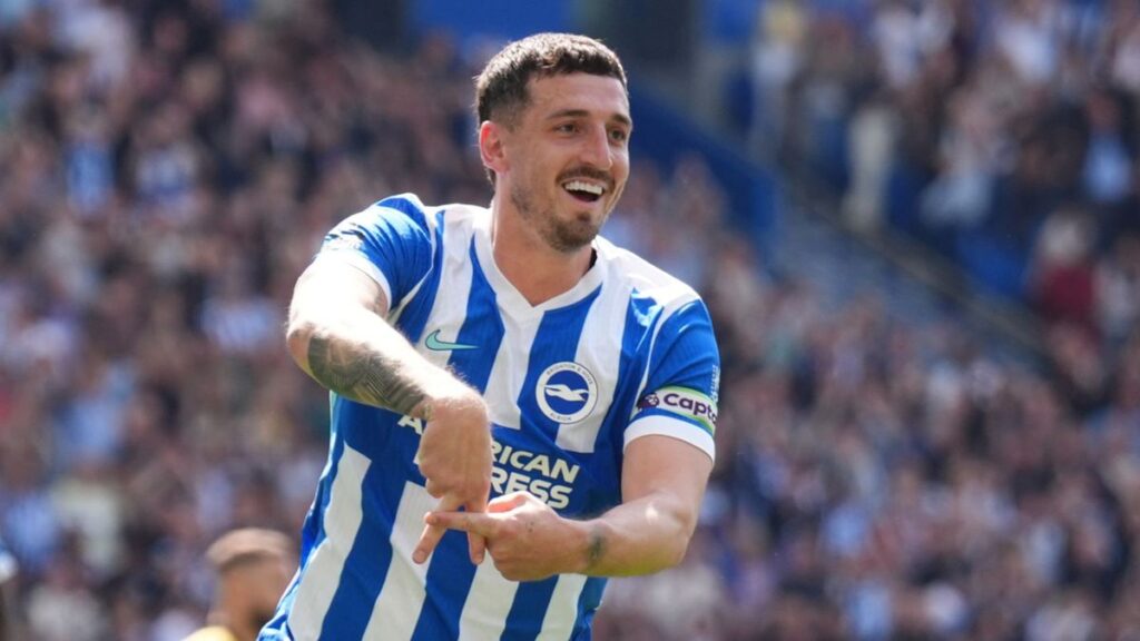 Brighton players celebrate scoring a goal against Wolverhampton Wanderers at the Amex Stadium