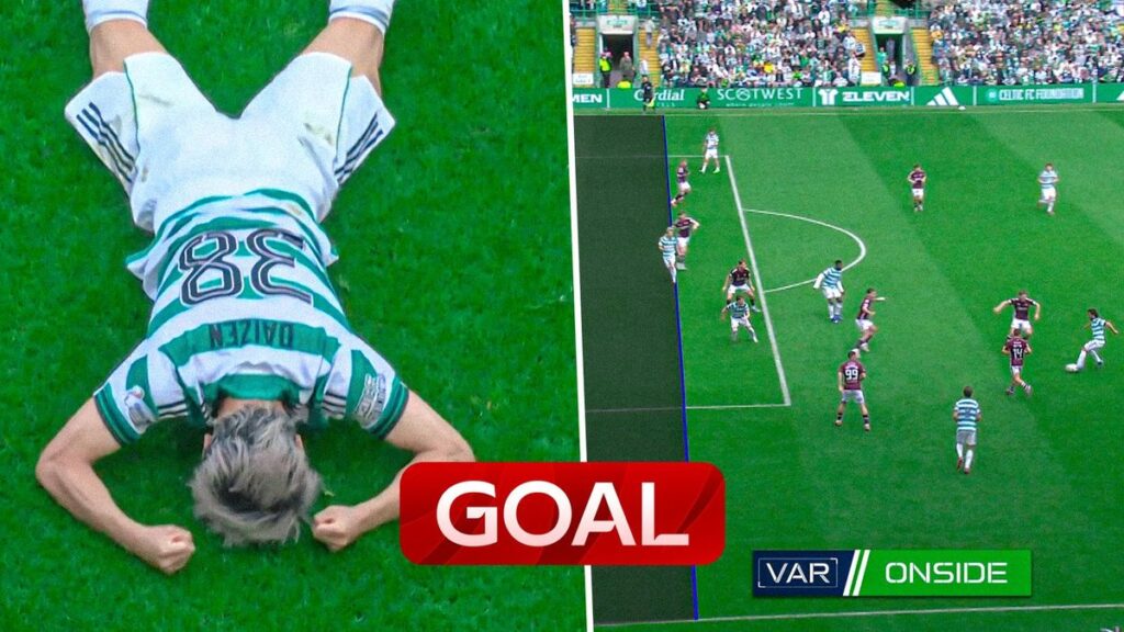 Daizen Maeda celebrating his dramatic late goal for Celtic against Hearts
