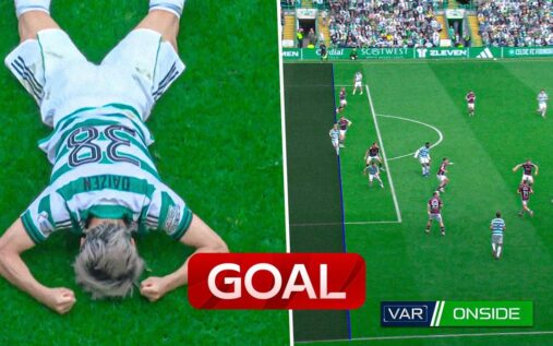 Daizen Maeda celebrating his dramatic late goal for Celtic against Hearts