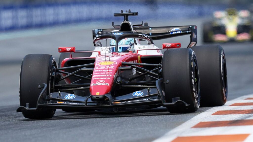 Charles Leclerc driving the upgraded Ferrari around the Miami Grand Prix circuit