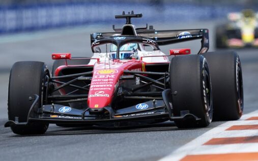 Charles Leclerc driving the upgraded Ferrari around the Miami Grand Prix circuit