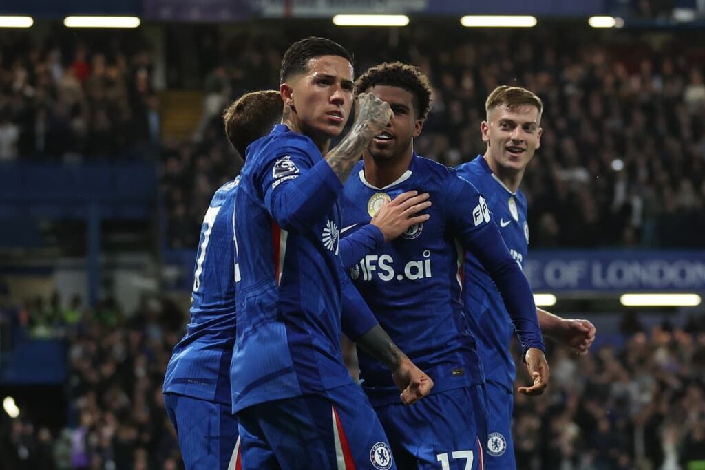 Enzo Fernandez celebrating a goal for Chelsea against Tottenham Hotspur at Stamford Bridge