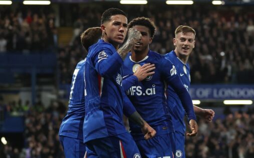 Enzo Fernandez celebrating a goal for Chelsea against Tottenham Hotspur at Stamford Bridge