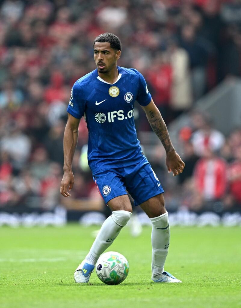 Levi Colwill playing for Chelsea in a Premier League match against Liverpool