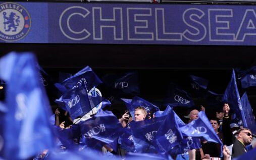 Chelsea football fans marching and protesting outside Wembley Stadium before an FA Cup match