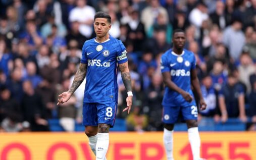 Dejected Chelsea players react on the pitch during their Premier League defeat to Nottingham Forest