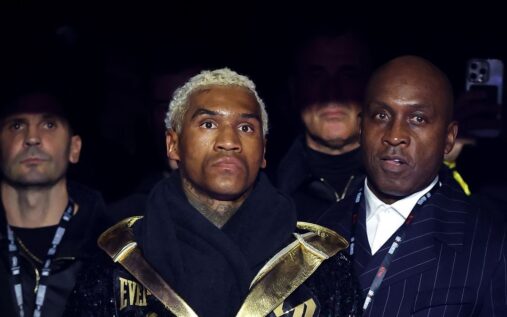 Conor Benn and Ryan Garcia facing off intensely inside a boxing ring