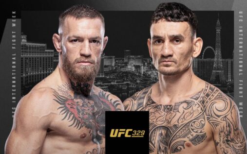 Conor McGregor and Max Holloway facing off inside the UFC Octagon