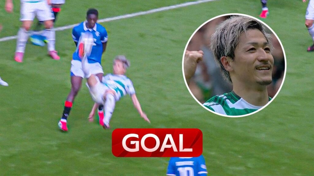 Celtic winger Daizen Maeda executes an acrobatic overhead scissor kick