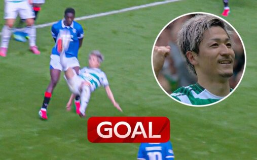 Celtic winger Daizen Maeda executes an acrobatic overhead scissor kick