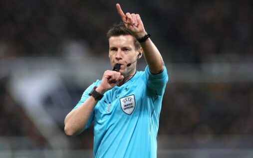 German referee Daniel Siebert pointing during a Champions League football match