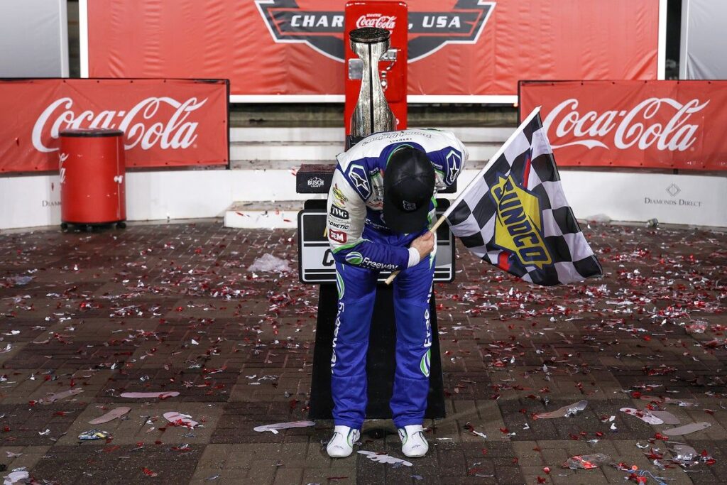 Daniel Suarez celebrating his historic Coca-Cola 600 victory on the race track