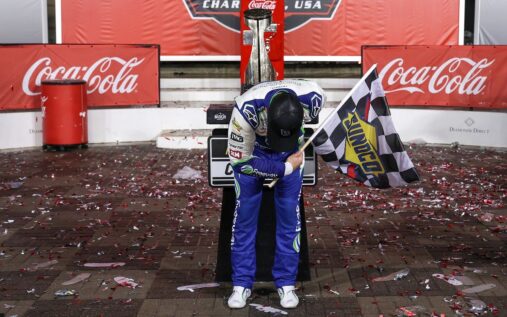 Daniel Suarez celebrating his historic Coca-Cola 600 victory on the race track