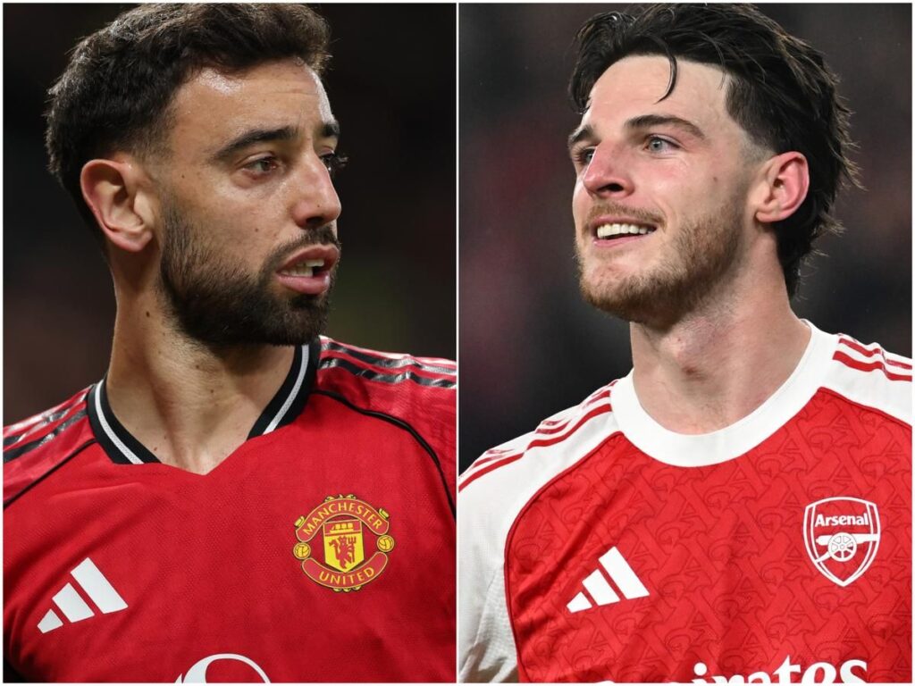 Split image showing Arsenal midfielder Declan Rice and Manchester United captain Bruno Fernandes in action.