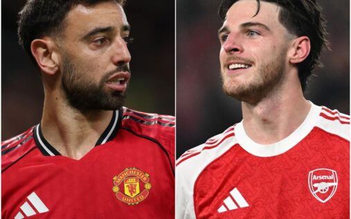 Split image showing Arsenal midfielder Declan Rice and Manchester United captain Bruno Fernandes in action.