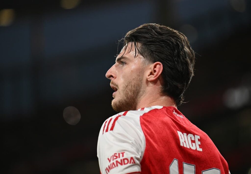 Declan Rice playing for Arsenal in the Premier League