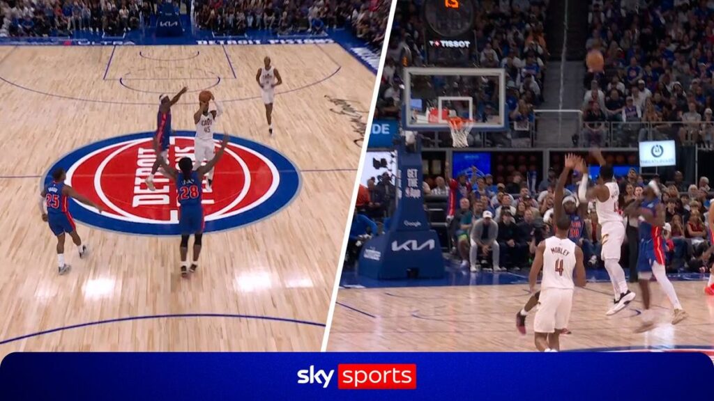 Donovan Mitchell shooting a dramatic half-court buzzer-beater for the Cleveland Cavaliers against the Detroit Pistons