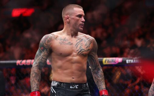 Dustin Poirier looking focused inside the UFC octagon during a mixed martial arts bout