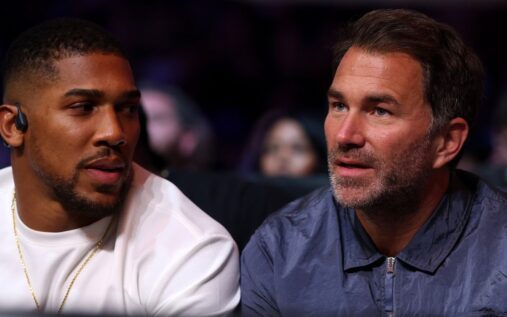 Eddie Hearn and Dana White standing near a boxing ring during a promotional event
