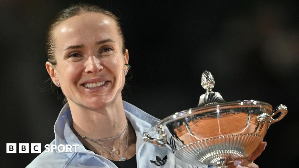 Elina Svitolina celebrating with the Italian Open trophy after defeating Coco Gauff