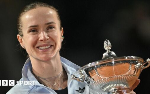 Elina Svitolina celebrating with the Italian Open trophy after defeating Coco Gauff