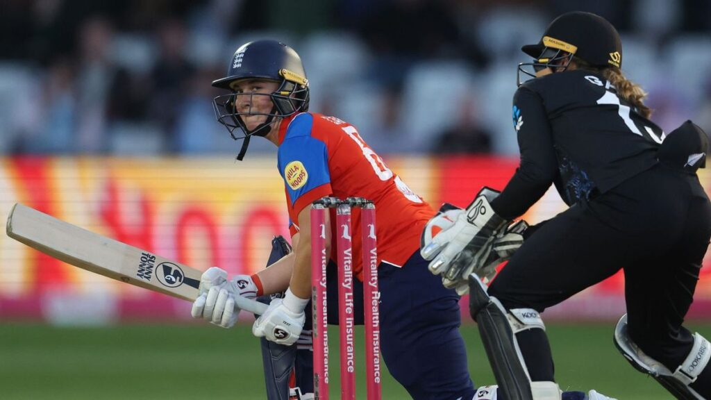 Alice Capsey batting for England during the first T20 international match against New Zealand at Derby