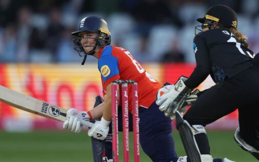 Alice Capsey batting for England during the first T20 international match against New Zealand at Derby