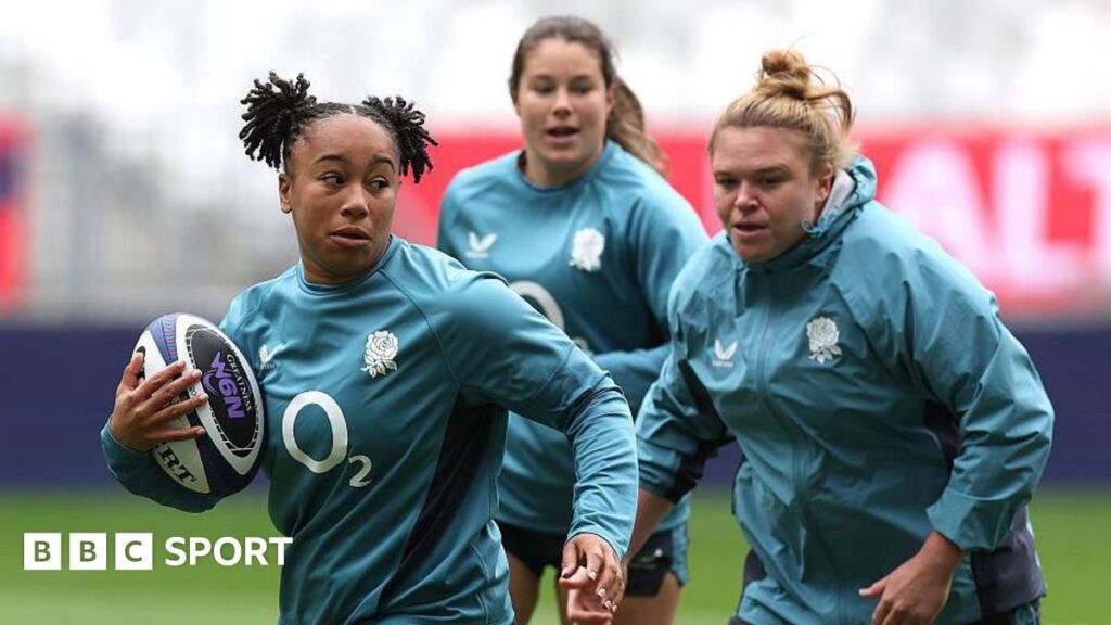 England Women's rugby team lining up on the pitch ahead of a Six Nations match