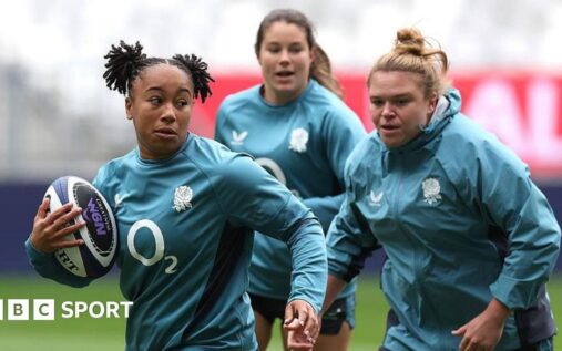 England Women's rugby team lining up on the pitch ahead of a Six Nations match