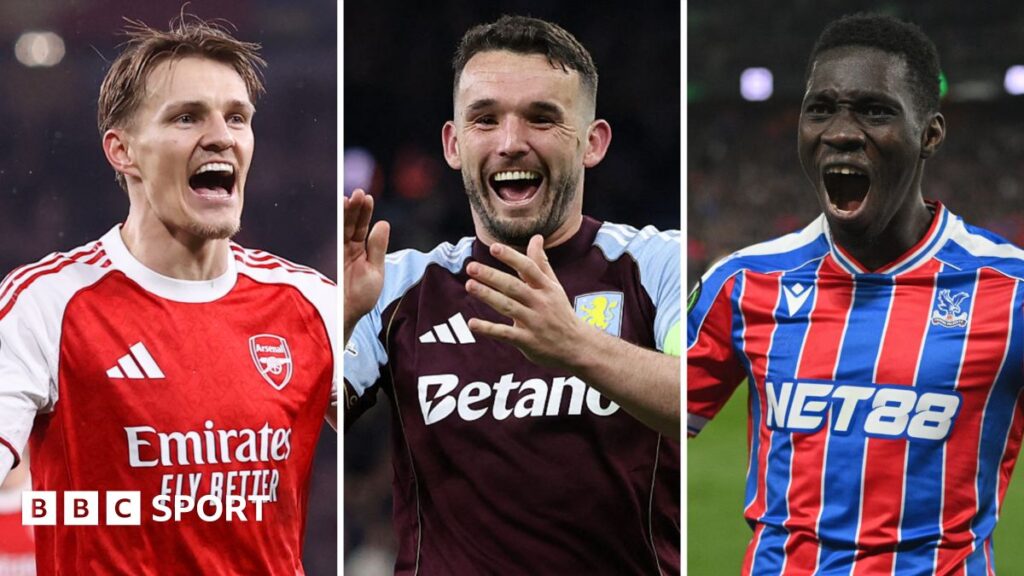 Collage of Arsenal, Aston Villa and Crystal Palace players celebrating their European semi-final victories