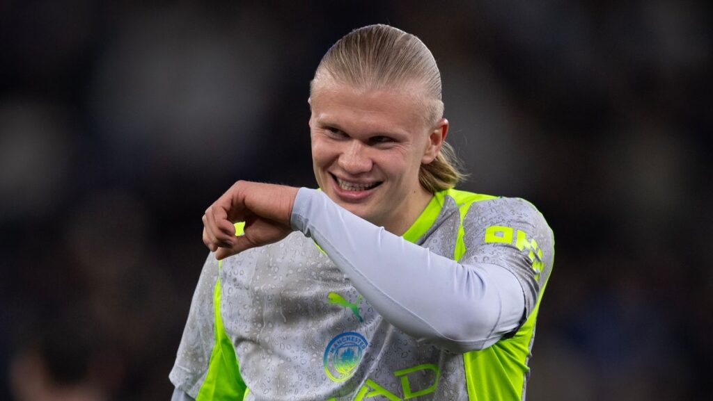 Erling Haaland celebrating a goal for Manchester City in the Premier League