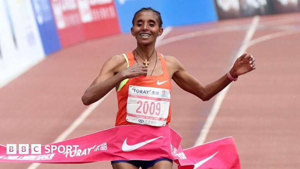 Ethiopian long-distance runner Yebrgual Melese competing in an international marathon event